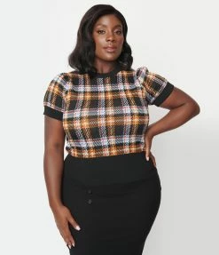 Unique Vintage Plus Size Brown & Black Plaid Short Sleeve Sweater Clothing