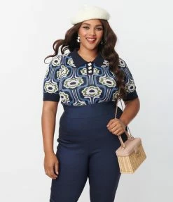 Unique Vintage Plus Size Blue & Pink Daisy Daze Prim & Pretty Sweater