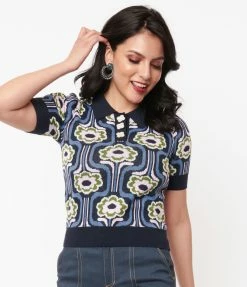 Sale Unique Vintage Blue & Pink Daisy Daze Prim & Pretty Sweater