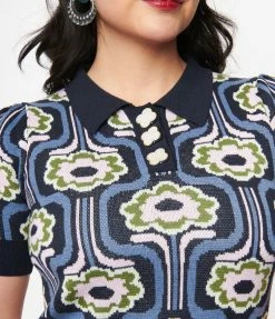 Sale Unique Vintage Blue & Pink Daisy Daze Prim & Pretty Sweater