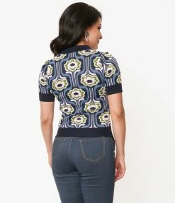 Sale Unique Vintage Blue & Pink Daisy Daze Prim & Pretty Sweater