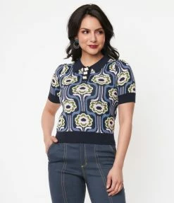 Sale Unique Vintage Blue & Pink Daisy Daze Prim & Pretty Sweater