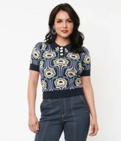 Sale Unique Vintage Blue & Pink Daisy Daze Prim & Pretty Sweater