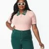 Unique Vintage Plus Size Pink & Floral Collar Prim & Pretty Sweater Trending