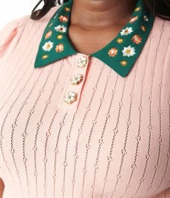 Unique Vintage Plus Size Pink & Floral Collar Prim & Pretty Sweater Trending