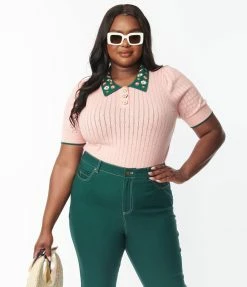 Unique Vintage Plus Size Pink & Floral Collar Prim & Pretty Sweater Trending