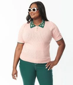 Unique Vintage Plus Size Pink & Floral Collar Prim & Pretty Sweater Trending