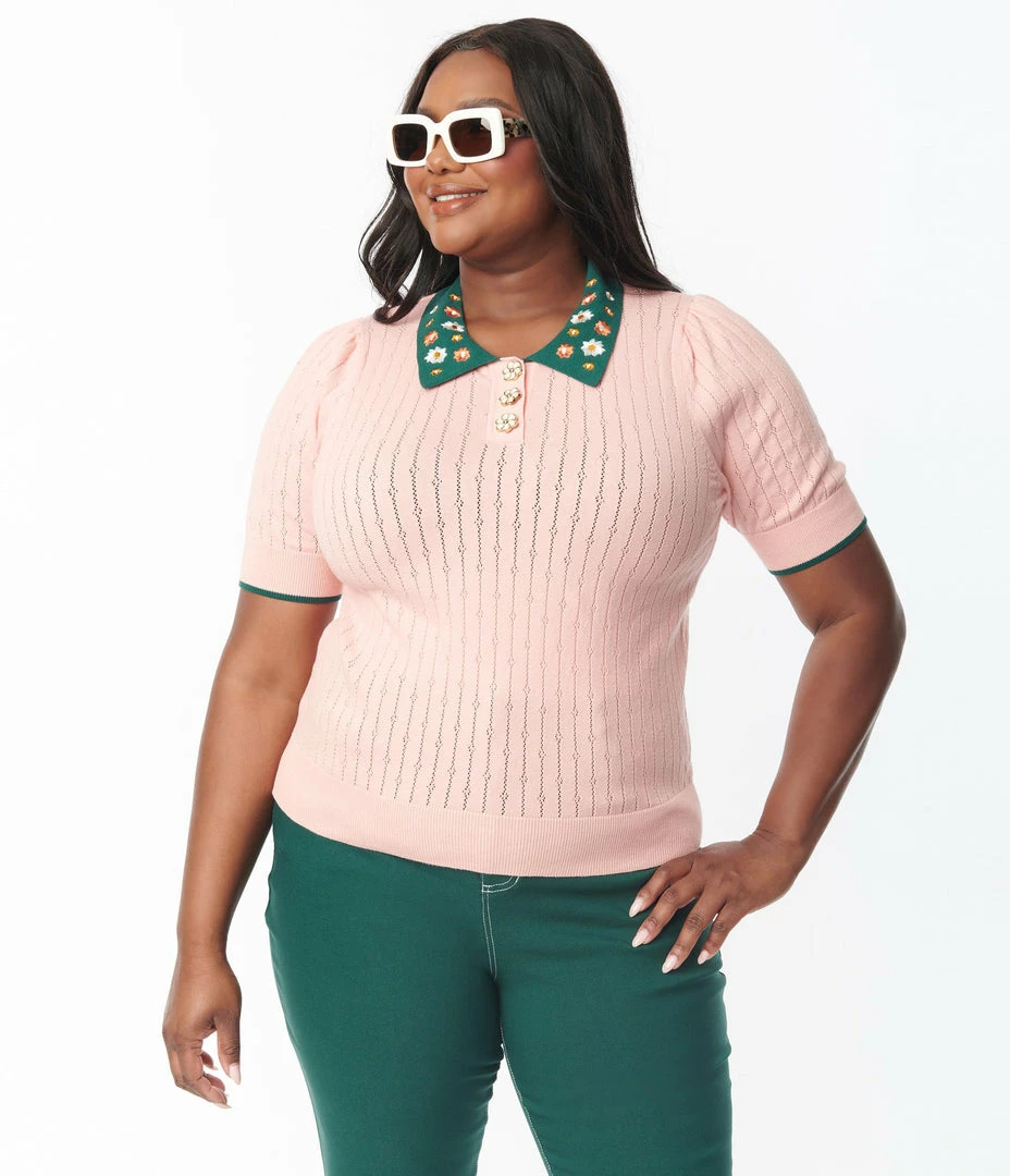 Unique Vintage Plus Size Pink & Floral Collar Prim & Pretty Sweater Trending