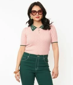 Trending Unique Vintage Pink & Floral Collar Prim & Pretty Sweater