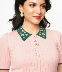 Trending Unique Vintage Pink & Floral Collar Prim & Pretty Sweater