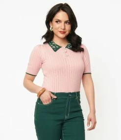 Trending Unique Vintage Pink & Floral Collar Prim & Pretty Sweater