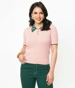 Trending Unique Vintage Pink & Floral Collar Prim & Pretty Sweater