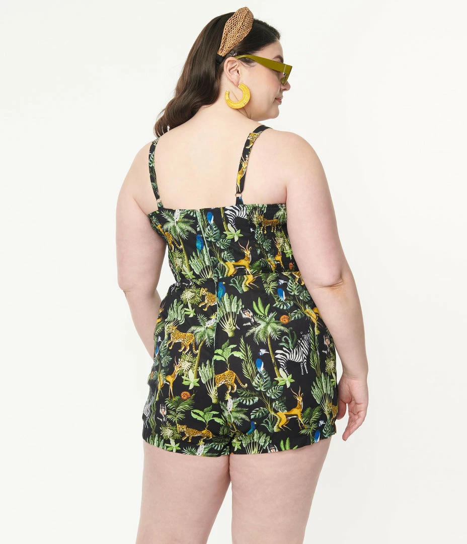 Rompers & Jumpsuits Unique Vintage Plus Size Black & Jungle Print Skirted Dolly Romper