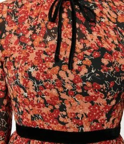 Unique Vintage Black & Red Orange Floral Flare Dress Clothing