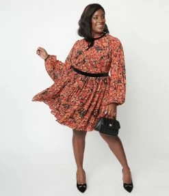Unique Vintage Plus Size Black & Red Orange Floral Flare Dress
