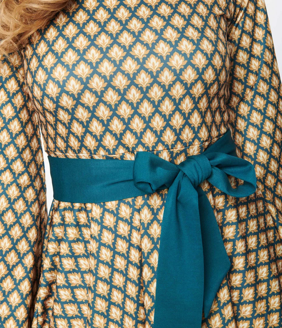 Trending Unique Vintage Green & Gold Deco Motif Print Flare Dress