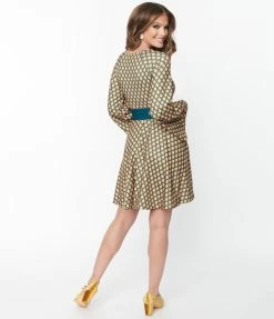 Trending Unique Vintage Green & Gold Deco Motif Print Flare Dress