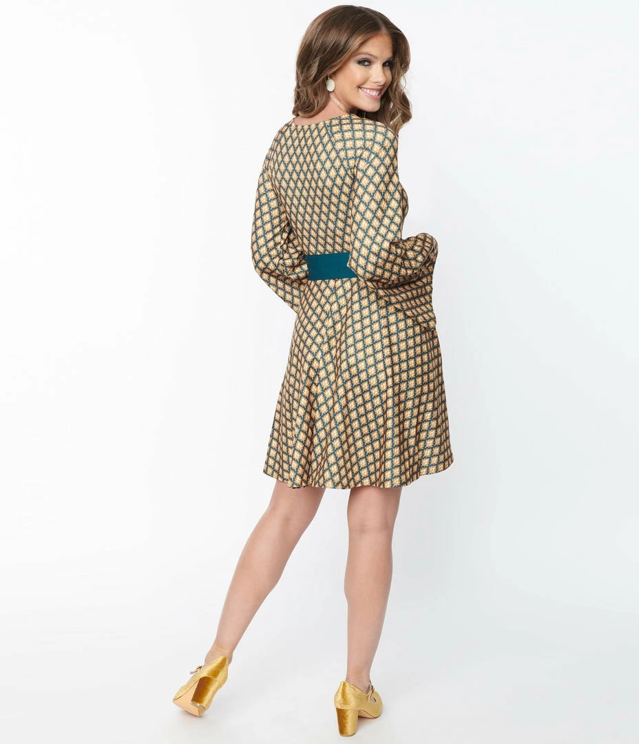 Trending Unique Vintage Green & Gold Deco Motif Print Flare Dress