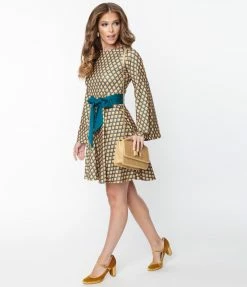Trending Unique Vintage Green & Gold Deco Motif Print Flare Dress