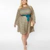 Trending Unique Vintage Plus Size Green & Gold Deco Motif Print Flare Dress