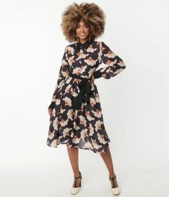 Trending Unique Vintage Black & Ivory Deco Floral Shirtdress