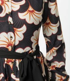 Trending Unique Vintage Black & Ivory Deco Floral Shirtdress
