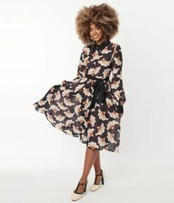 Trending Unique Vintage Black & Ivory Deco Floral Shirtdress