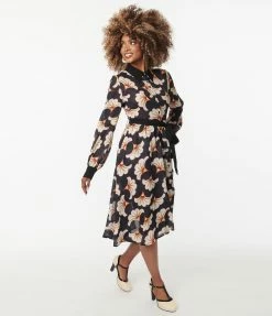 Trending Unique Vintage Black & Ivory Deco Floral Shirtdress