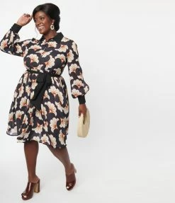 Clothing Unique Vintage Plus Size Black & Ivory Deco Floral Shirtdress