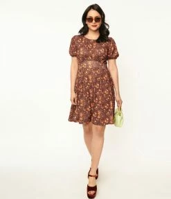 Unique Vintage Brown & Orange Floral Flare Dress Trending
