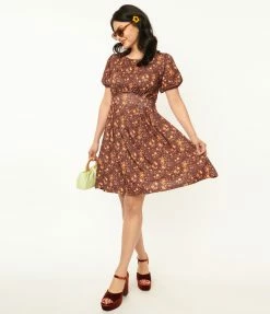 Unique Vintage Brown & Orange Floral Flare Dress Trending