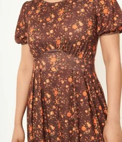 Unique Vintage Brown & Orange Floral Flare Dress Trending