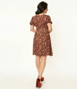Unique Vintage Brown & Orange Floral Flare Dress Trending