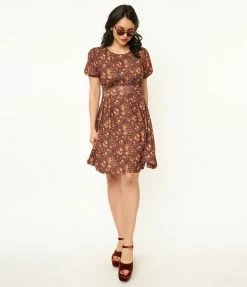 Unique Vintage Brown & Orange Floral Flare Dress Trending