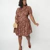 Unique Vintage Plus Size Brown & Orange Floral Flare Dress New Arrivals!
