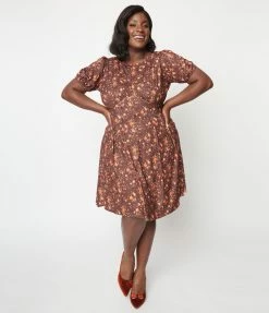 Unique Vintage Plus Size Brown & Orange Floral Flare Dress New Arrivals!