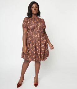 Unique Vintage Plus Size Brown & Orange Floral Flare Dress New Arrivals!