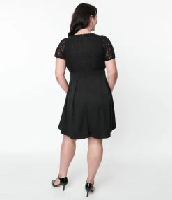 Unique Vintage Plus Size Black Lace Flare Dress