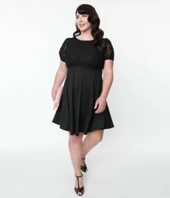 Unique Vintage Plus Size Black Lace Flare Dress