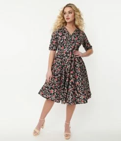 Trending Unique Vintage Black & Red Floral Delores Swing Dress