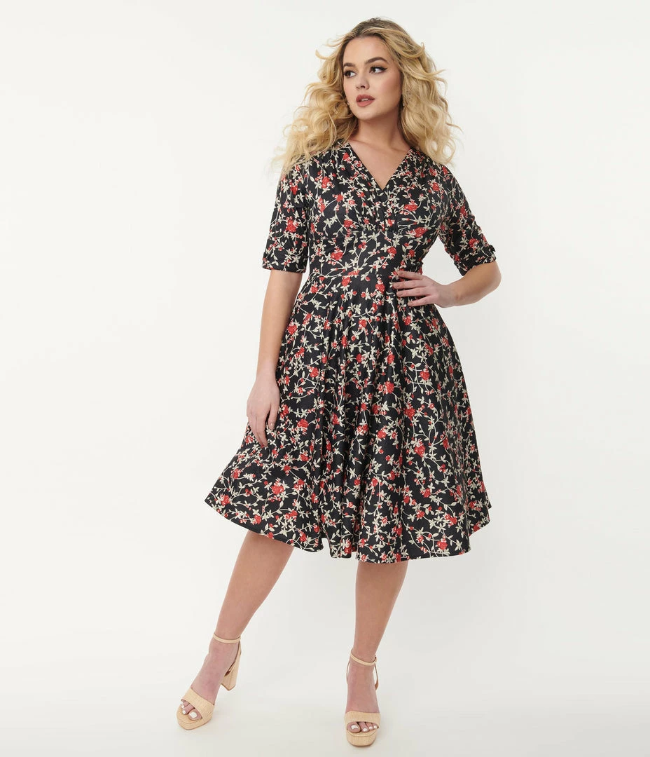 Trending Unique Vintage Black & Red Floral Delores Swing Dress