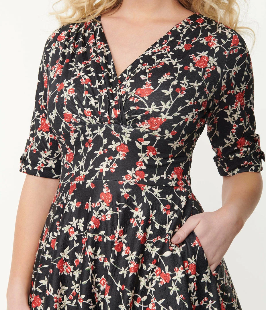 Trending Unique Vintage Black & Red Floral Delores Swing Dress