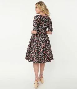 Trending Unique Vintage Black & Red Floral Delores Swing Dress
