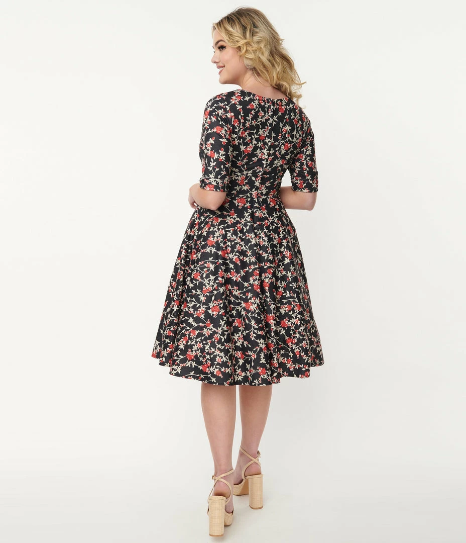 Trending Unique Vintage Black & Red Floral Delores Swing Dress