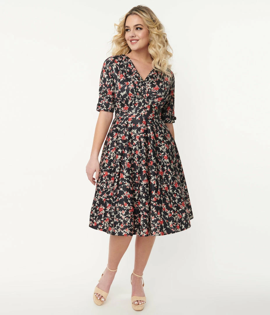 Trending Unique Vintage Black & Red Floral Delores Swing Dress