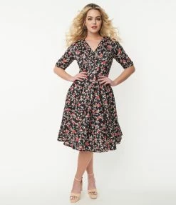 Trending Unique Vintage Black & Red Floral Delores Swing Dress