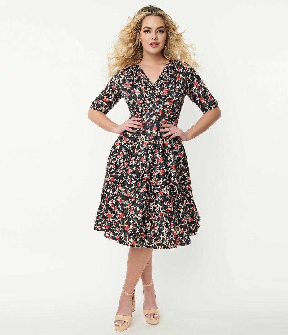 Trending Unique Vintage Black & Red Floral Delores Swing Dress