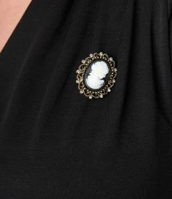 Unique Vintage Black Knit & Cameo Brooch Delores Swing Dress Clothing