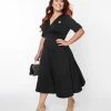 Unique Vintage Plus Size Black Knit & Cameo Brooch Delores Swing Dress