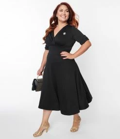 Unique Vintage Plus Size Black Knit & Cameo Brooch Delores Swing Dress